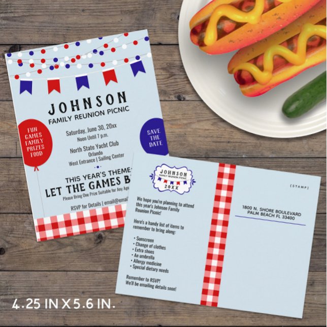 Carte Postale Faire-part Pique-nique | BBQ ・ Barbecue ・ Réunion ・ Anniversa (Budget-friendly Summer Event in Red, White, and Blue -- Postcards save postage too! )