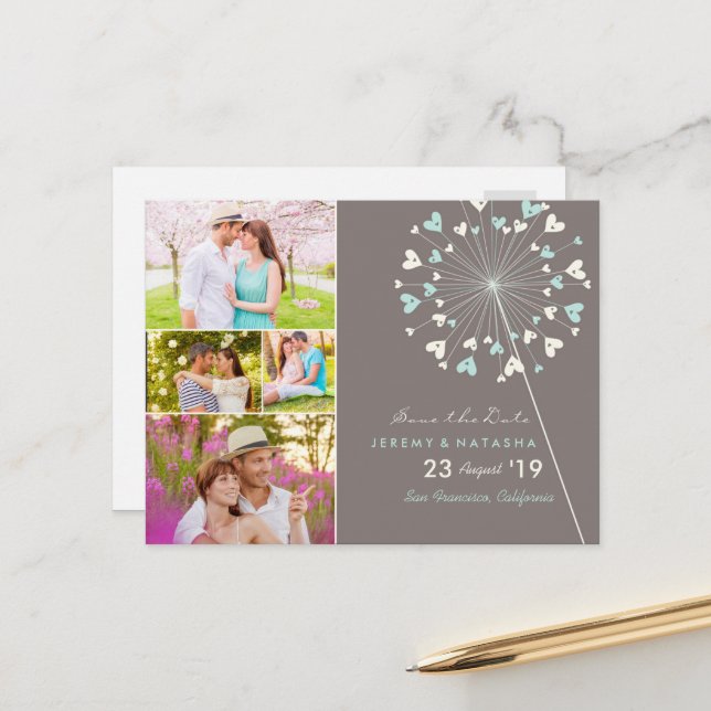 Carte Postale Faire-part Pissenlits Amour Coeurs 4 Multi Photo Enregistrer  (Devant/Arrière en situation)