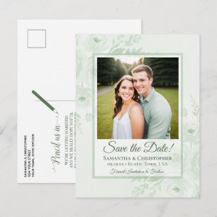 Carte Postale Faire-part Pivoines Vert Sauge & Photo Économiseur de mariage