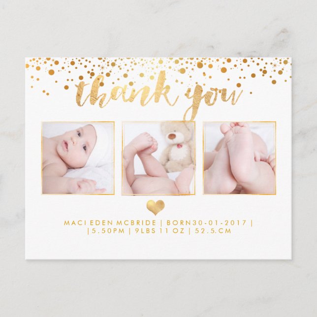 Carte Postale Faire-part PixDezines Baby shower Merci/Faux Gold (Devant)