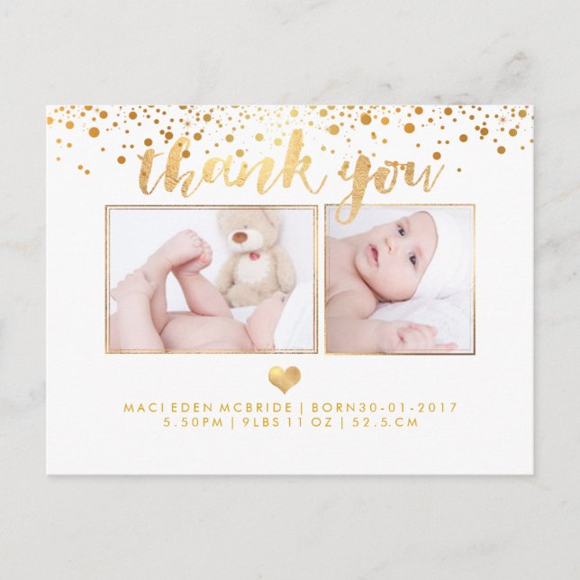 Carte Postale Faire-part PixDezines Baby shower Merci/Faux Gold (Devant)