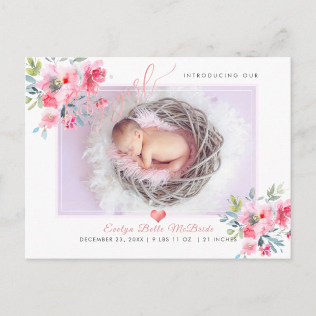 Carte Postale Faire-part PixDezines Flowers+Baby Girl, Faux Foil Script (Devant)
