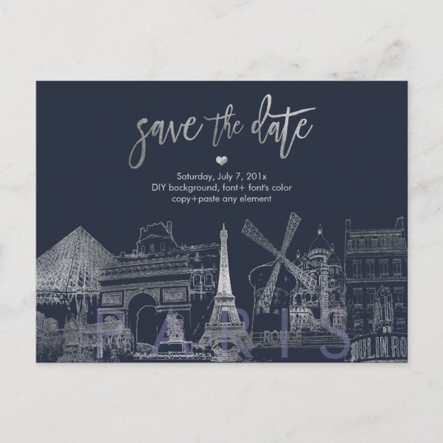 Carte Postale Faire-part PixDezines/Paris Save the Date/Faux Silver Gold (Devant)