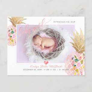 Carte Postale Faire-part PixDezines Pineapple+Baby Girl, Faux Foil Script