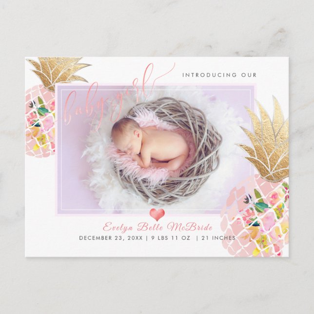 Carte Postale Faire-part PixDezines Pineapple+Baby Girl, Faux Foil Script (Devant)
