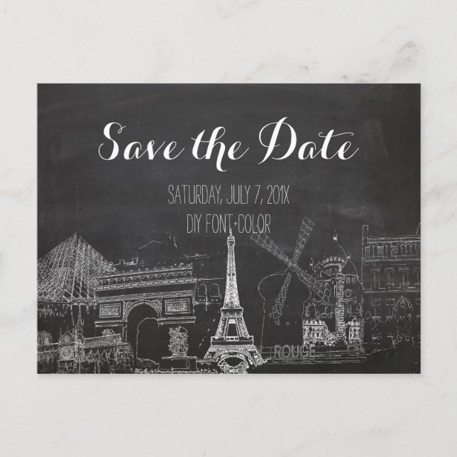 Carte Postale Faire-part PixDezines/Save Date/Chalkboard/Paris Sketched (Devant)