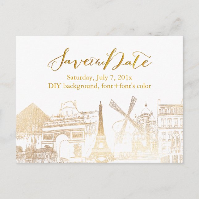 Carte Postale Faire-part PixDezines/Save Date/Faux Gold/Paris Sketched (Devant)