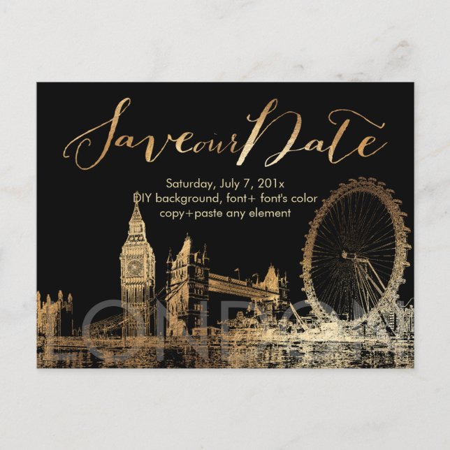 Carte Postale Faire-part PixDezines/Save Date/Gold/London Skyline (Devant)