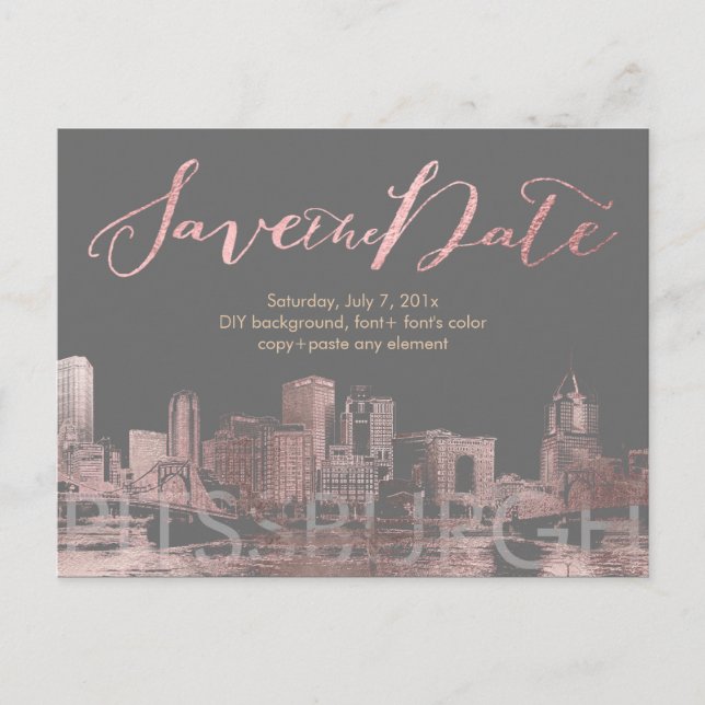 Carte Postale Faire-part PixDezines/Save Date/Pink Gold/Pittsburgh Skyline (Devant)
