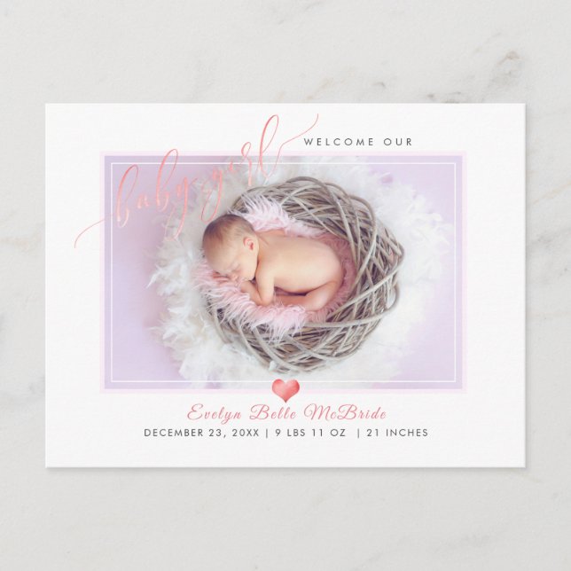 Carte Postale Faire-part PixDezines Welcome Baby Girl, Faux Foil Script (Devant)