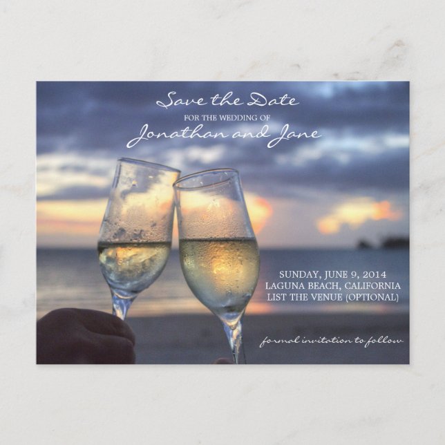 Carte Postale Faire-part Plage Ocean Mariage Champagne Glass Enregistrer la (Devant)