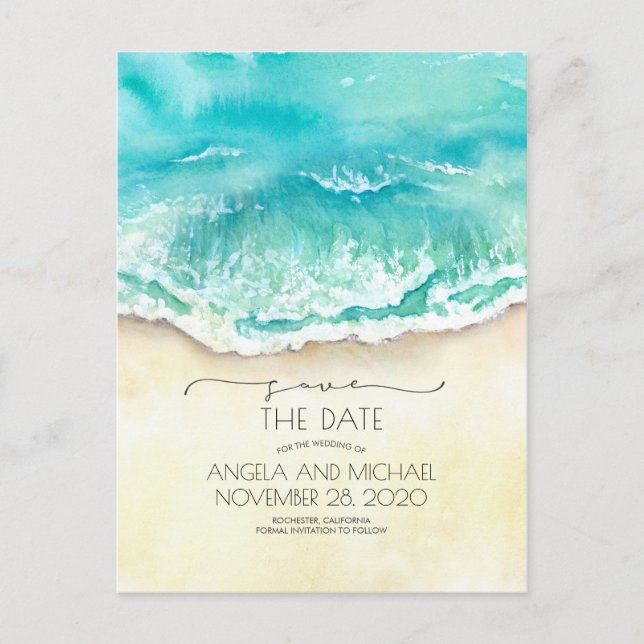 Carte Postale Faire-part Plage tropicale aquarelle Save the Date (Devant)