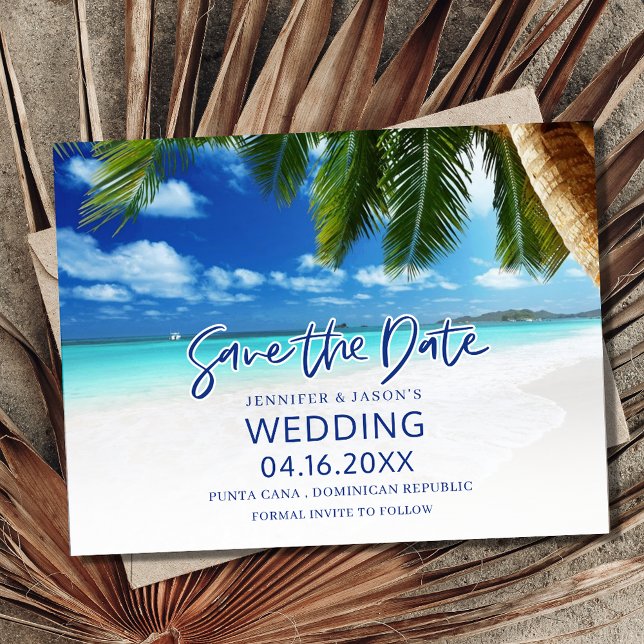 Carte Postale Faire-part Plage tropicale Destination Mariage Sauvez les dat (Tropical Beach Destination Wedding Save The Date Postcard)