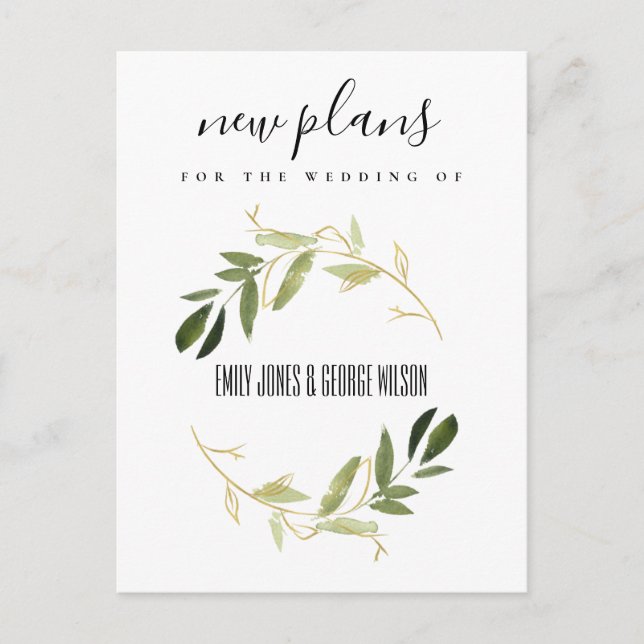 CARTE POSTALE FAIRE-PART PLAN DE MARIAGE ÉLÉGANT FEUILLAGE VERT OR (Devant)