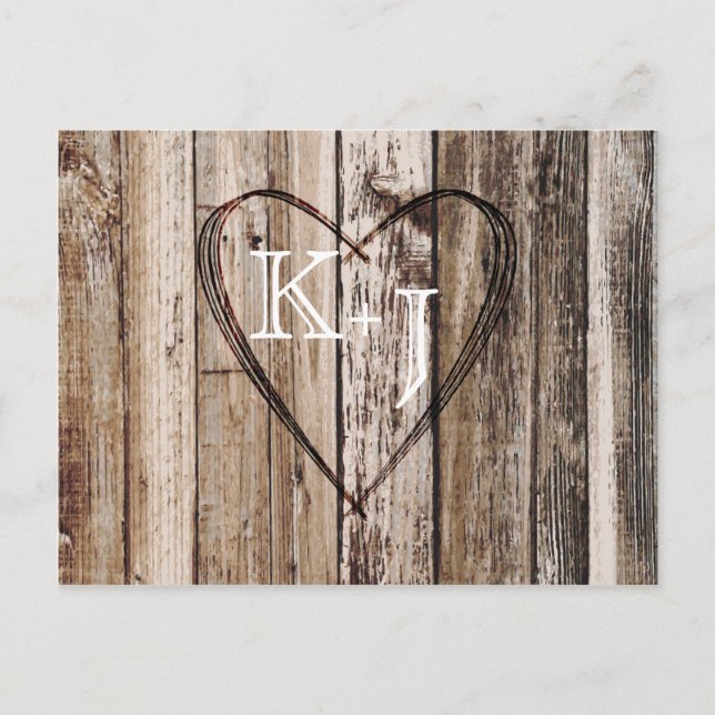 Carte Postale Faire-part Plaques en bois rustique Etching cardiaque Enregis (Devant)