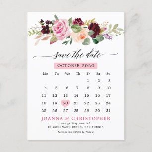 Carte Postale Faire-part Plum Blush Rose Floral Calendrier Enregistrer la d