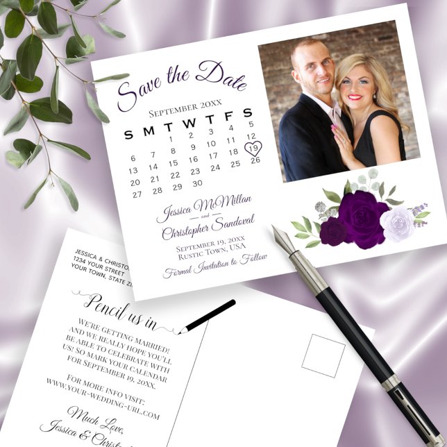 Carte Postale Faire-part Plum Purple Roses Photo & Calendar Save the Date (Front and Back)