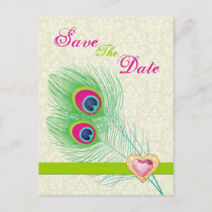 Carte Postale Faire-part Plume de paon bijou cœur mariage Save the Date