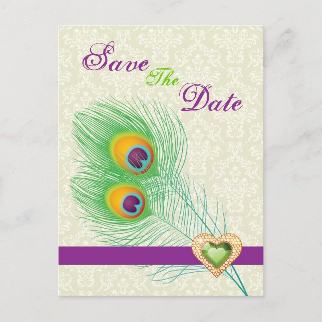 Carte Postale Faire-part Plume de paon bijou cœur mariage Save the Date (Devant)