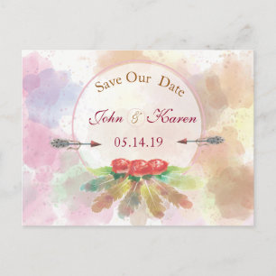 Carte Postale Faire-part Plumes de Bohême aquarelle Roses SAVE LA DATE