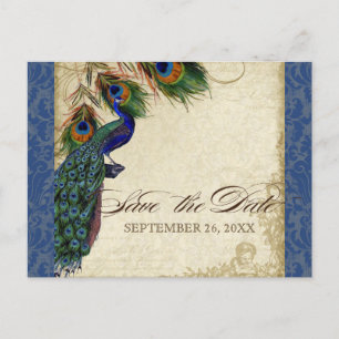 Carte Postale Faire-part Plumes de paon classique Marine Bleu Enregistrer l