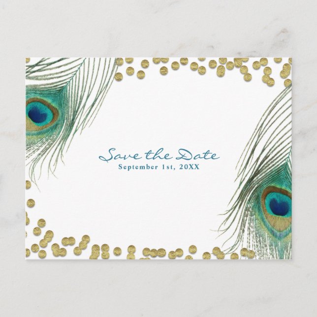 Carte Postale Faire-part Plumes de paon & Or Boho Glam Enregistrez la date (Devant)