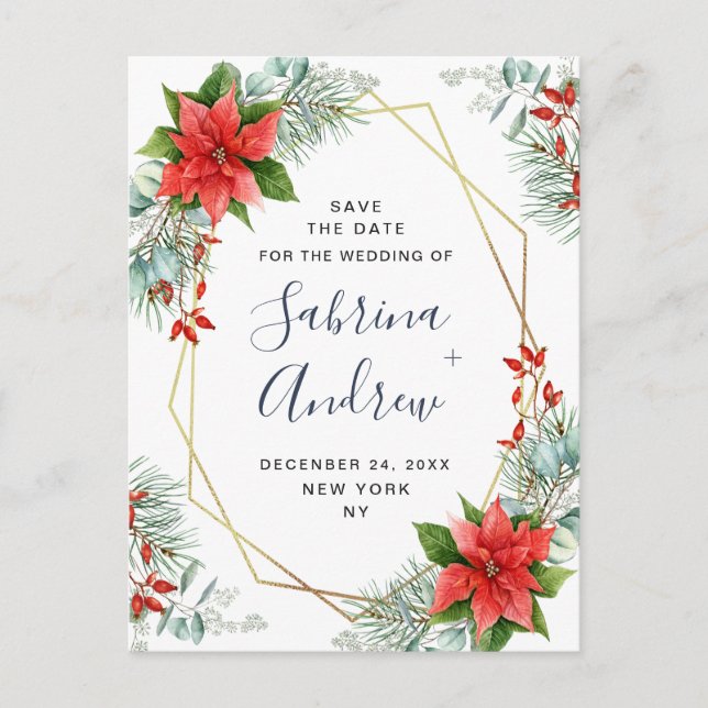 Carte Postale Faire-part Poinsettia Eucalyptus Mariage de pin Enregistrer l (Devant)