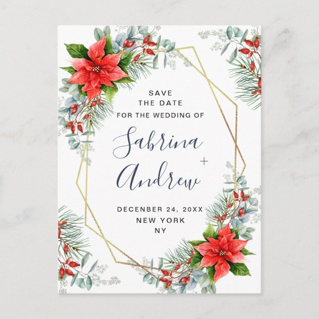 Carte Postale Faire-part Poinsettia Eucalyptus Mariage de pin Enregistrer l (Devant)
