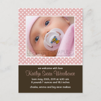 Carte Postale Faire-part Points rose/marron • Annonce de naissance