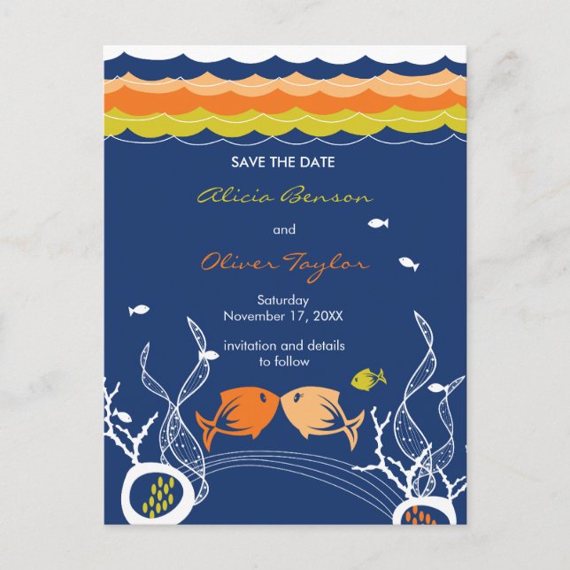 Carte Postale Faire-part Poissons S'embrassant Poisson Mer Corail Save The  (Devant)