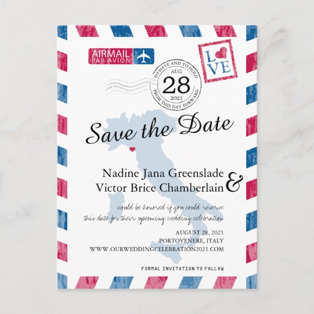 Carte Postale Faire-part Portovenere Italie Red Blue Airmail Enregistrer La (Devant)