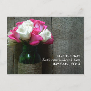 Carte Postale Faire-part Pot de fleurs en roses & planches de grange Save T