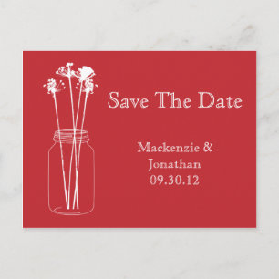 Carte Postale Faire-part Pot Mason Ancien Rouge Blanc Fleur Save The Date