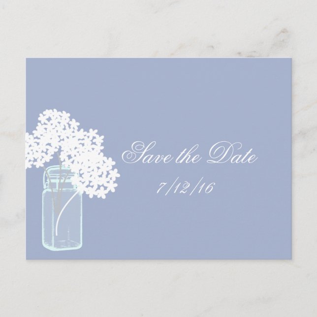 Carte Postale Faire-part Pot Mason, Hydrangea Blanche, Sauvegarder la Date (Devant)
