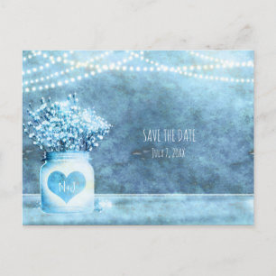 Carte Postale Faire-part Pot Mason Jar Cœur Bleu & Baby's Breath Save The D