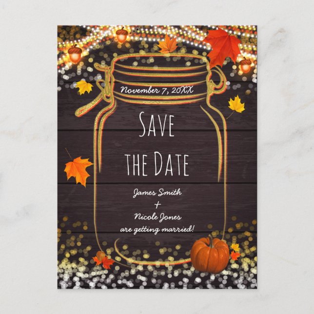 Carte Postale Faire-part Pot Mason Jar Rustique Automne Enregistrer la Date (Devant)