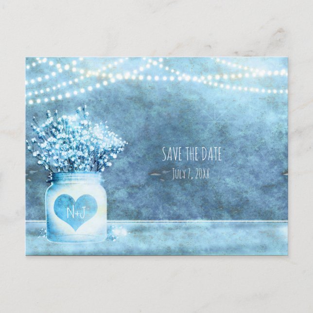Carte Postale Faire-part Pot Mason Jarreau Cœur Bleu & Baby's Breath Save T (Devant)