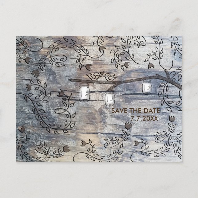 Carte Postale Faire-part Pot Mason & Oiseaux de l'Amour Branche Rustique Ép (Devant)