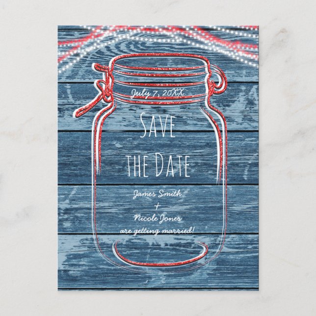 Carte Postale Faire-part Pot Mason Rouge Blanc & Bleu & Lumières Save The D (Devant)