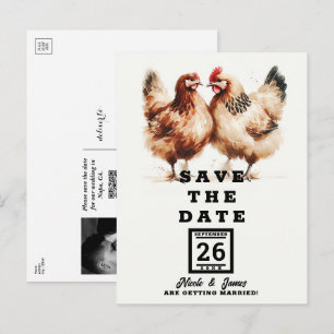 Carte Postale Faire-part Poules Brunes Aquarelle Mariage Enregistrez la Dat