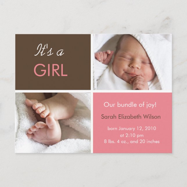 Carte postale faire-part pour fille bébé (Devant)