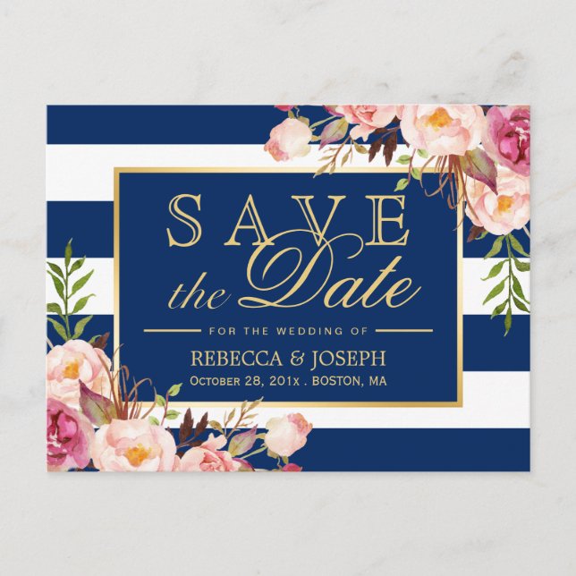 Carte Postale Faire-part (pour USPS) Floral Navy Blue Stripes Enregistrer l (Devant)