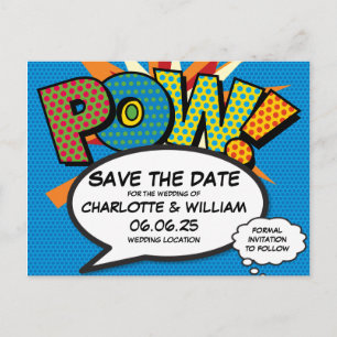 Carte Postale Faire-part POW Enregistrez la date Fun rétro bande dessinée P