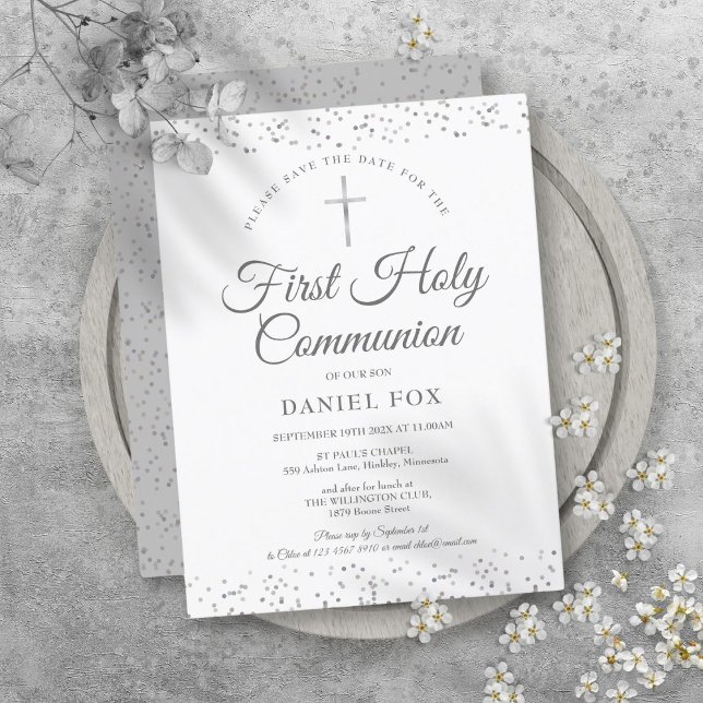Carte Postale Faire-part Première Sainte Communion Argent Stardust Enregist (First Holy Communion Silver Stardust Save The Date Announcement Postcard)