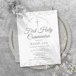 Carte Postale Faire-part Première Sainte Communion Argent Stardust Enregist<br><div class="desc">Une élégante Première Sainte Communion sauvez l'invitation de la date avec la délicate poussière d'étoile d'argent. Vous pouvez personnaliser avec vos détails spéciaux de célébration en texte argenté chic. Conçu par Thisisnotme©</div>