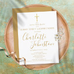 Carte Postale Faire-part Première Sainte Communion Signature Or Enregistrer<br><div class="desc">Élégante signature d'or Première Sainte Communion enregistrer l'invitation de la date avec un élégant nom de signature d'écriture dorée. Personnalisez avec vos informations spéciales d'événement en lettres dorées chic sur ce design neutre pour les hommes et les femmes. Conçu par Thisisnotme©</div>