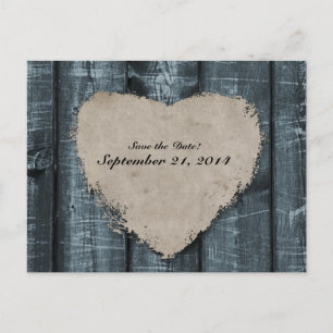Carte Postale Faire-part Primitive Blue Wood and Heart Enregistrer la date