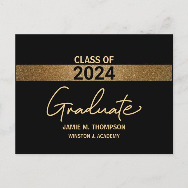 Carte Postale Faire-part Promotion 2024 Black Gold Nom Graduation Adulte (Devant)