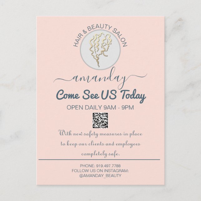 Carte Postale Faire-part Promotionnels Be Safe Logo Coiffeur QR Code Rose (Devant)