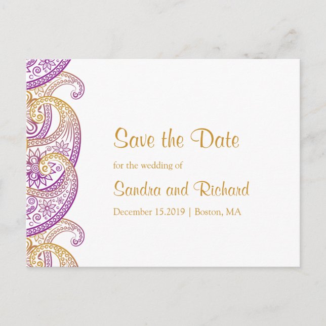 Carte Postale Faire-part Purple and Gold Indian Paisley Enregistrer la date (Devant)